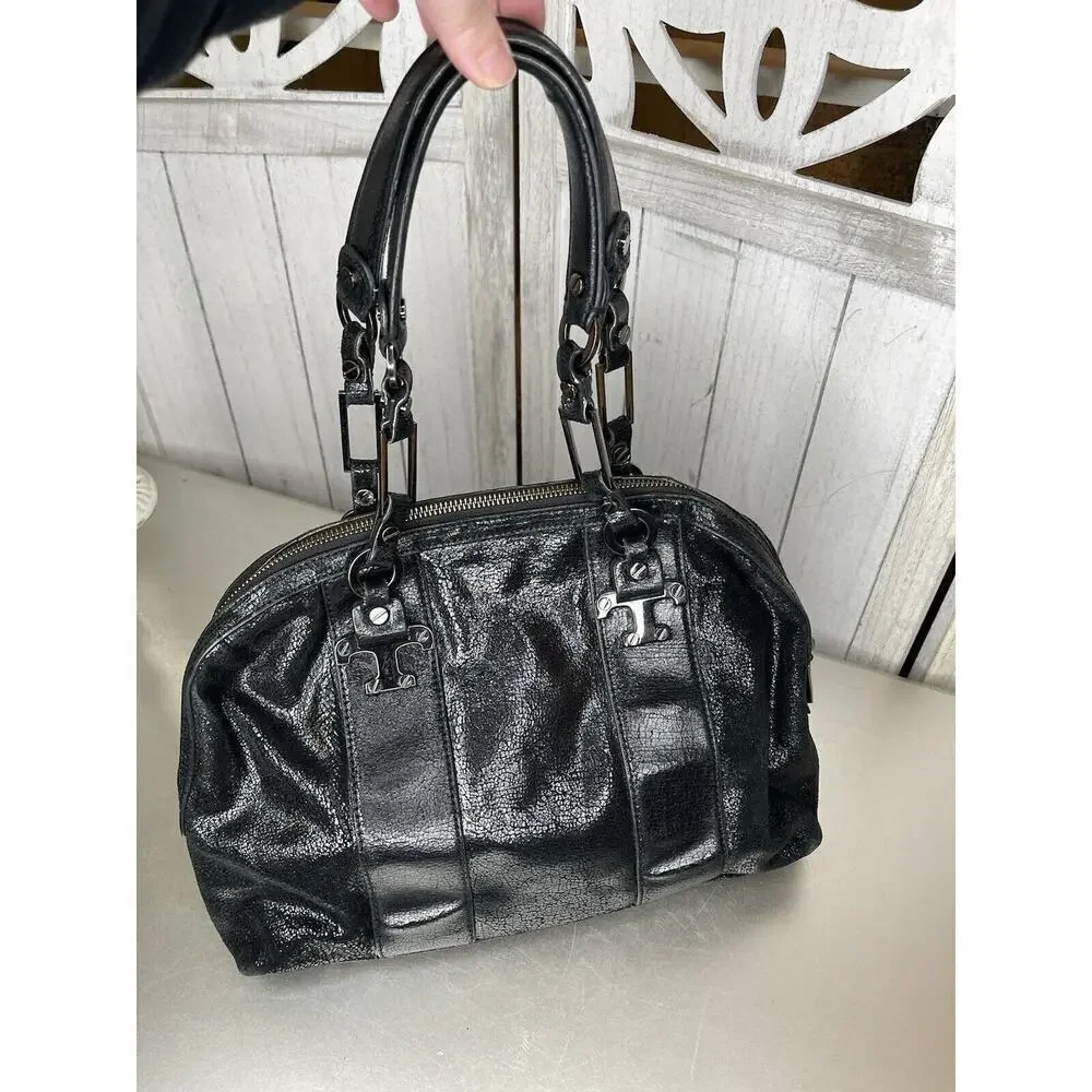 Tory Burch Black Sheen Crackle Leather Top Handle Bag Chunky Hardware Y2K